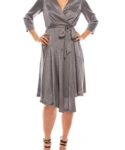 London Times - T4791M Three Quarter Sleeve Twill Faux Wrap Dress Cocktail Dresses