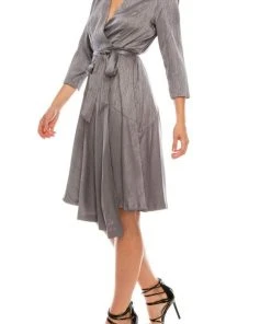 London Times - T4791M Three Quarter Sleeve Twill Faux Wrap Dress Cocktail Dresses