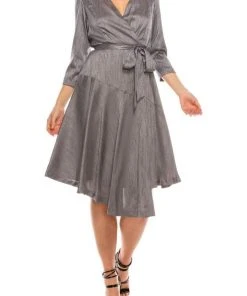 London Times - T4791M Three Quarter Sleeve Twill Faux Wrap Dress Cocktail Dresses