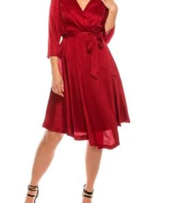 London Times - T4791M Three Quarter Sleeve Twill Faux Wrap Dress Cocktail Dresses