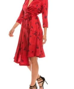 London Times - T4791M Three Quarter Sleeve Twill Faux Wrap Dress Cocktail Dresses