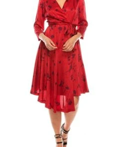 Cocktail Dresses London Times - T4896M Three Quarter Sleeve Twill Faux Wrap Dress