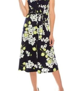 Cocktail Dresses London Times - T4911M Floral Wrapped Knee Length Dress