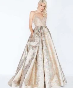 Formal Gowns Mac Duggal - 2010M Gilded Deep V-neck Metallic Brocade Ballgown
