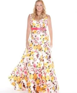 Formal Gowns Mac Duggal - 40822F V-neck Floral Print Mikado Trumpet Gown