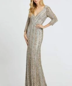 Mac Duggal - 4247D Plunging V-neck Beaded Sheath Gown - 1 Pc Platinum Nude In Size 8 And 1 Pc Nude Platinum In Size 14 Available Formal Gowns