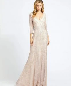 Mac Duggal - 4247D Plunging V-neck Beaded Sheath Gown - 1 Pc Platinum Nude In Size 8 And 1 Pc Nude Platinum In Size 14 Available Formal Gowns