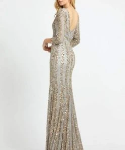 Mac Duggal - 4247D Plunging V-neck Beaded Sheath Gown - 1 Pc Platinum Nude In Size 8 And 1 Pc Nude Platinum In Size 14 Available Formal Gowns