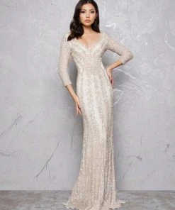 Mac Duggal - 4247D Plunging V-neck Beaded Sheath Gown - 1 Pc Platinum Nude In Size 8 And 1 Pc Nude Platinum In Size 14 Available Formal Gowns