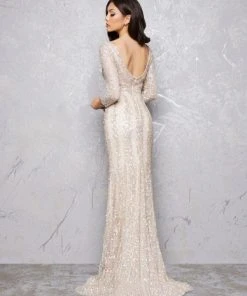 Mac Duggal - 4247D Plunging V-neck Beaded Sheath Gown - 1 Pc Platinum Nude In Size 8 And 1 Pc Nude Platinum In Size 14 Available Formal Gowns