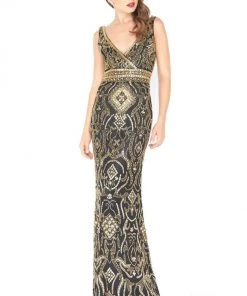 Mac Duggal - 4595R Gold Embellished V-neck Sheath Dress Formal Gowns
