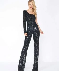 Plus Size Dresses Mac Duggal - 4636R Sequined Asymmetrical Long Sleeve Jumpsuit
