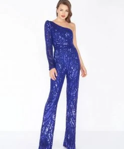 Plus Size Dresses Mac Duggal - 4636R Sequined Asymmetrical Long Sleeve Jumpsuit
