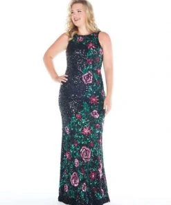 Mac Duggal - 4679F Floral Sequined Bateau Sheath Dress Formal Gowns