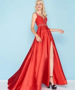 Formal Gowns Mac Duggal - 48630H Sleeveless Beaded V-Neck High Slit Ballgown