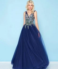 Mac Duggal - 50442H Sleeveless Floral Embroidered Tulle Ballgown Formal Gowns
