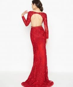 Mac Duggal - 50540R Beaded Lace Deep V-neck Sheath Dress