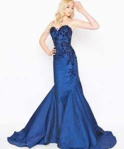 Formal Gowns Mac Duggal - 66597D Floral Applique Metallic Woven Trumpet Dress