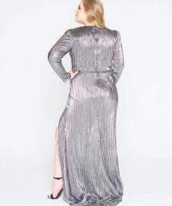 Mac Duggal - 77472F Beaded Pleated Metallic V-neck Sheath Dress Formal Gowns