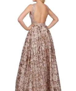 Mac Duggal Ballgowns - 40887H Metallic Geometric Floral Halter Gown