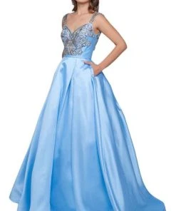 Formal Gowns Mac Duggal Ballgowns - Embellished Vneck W Train In Powder Blue 66532H