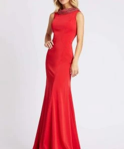 Formal Gowns Mac Duggal Black White Red - 12094R Beaded Rolled Collar Jersey Gown