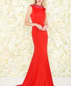 Formal Gowns Mac Duggal Black White Red - 12094R Beaded Rolled Collar Jersey Gown