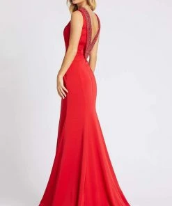 Formal Gowns Mac Duggal Black White Red - 12094R Beaded Rolled Collar Jersey Gown