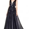 Formal Gowns Mac Duggal Black White Red - 12104R Embroidered V-neck Organza Ballgown
