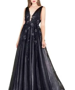 Formal Gowns Mac Duggal Black White Red - 12104R Embroidered V-neck Organza Ballgown