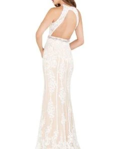 Formal Gowns Mac Duggal Black White Red - 12150R Fully Lace Halter Sheath Dress