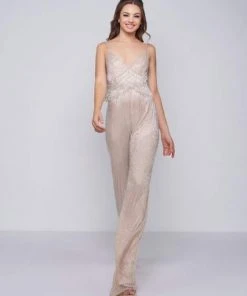 Mac Duggal Black White Red - 4742R Shimmery Plunging V-neck Jumpsuit Prom Dresses