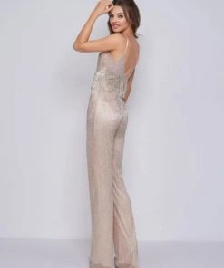 Mac Duggal Black White Red - 4742R Shimmery Plunging V-neck Jumpsuit Prom Dresses