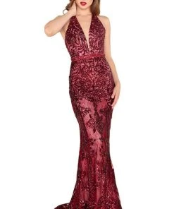 Formal Gowns Mac Duggal Black White Red - 48821R Sequined Plunging V-Neck Gown
