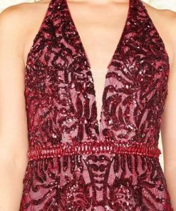 Formal Gowns Mac Duggal Black White Red - 48821R Sequined Plunging V-Neck Gown