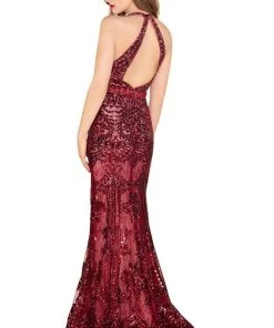 Formal Gowns Mac Duggal Black White Red - 48821R Sequined Plunging V-Neck Gown