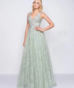 Mac Duggal Couture - 20109D Sequined Plunging V-neck A-line Dress Formal Gowns