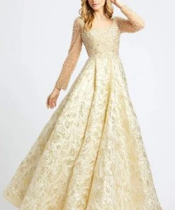 Formal Gowns Mac Duggal Couture - 66932D Beaded Illusion Long Sleeves Ballgown