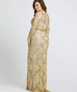 Mac Duggal Fabulouss - 4851F Gold Sequined V-Neck Trumpet Gown