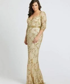 Mac Duggal Fabulouss - 4851F Gold Sequined V-Neck Trumpet Gown
