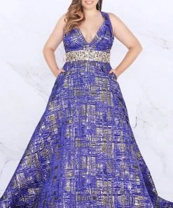 Formal Gowns Mac Duggal Fabulouss - 66793F V-neck Print Brocade A-line Dress