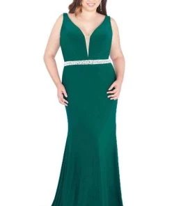Mac Duggal Fabulouss - 66808F Plunging Jeweled Jersey Trumpet Gown