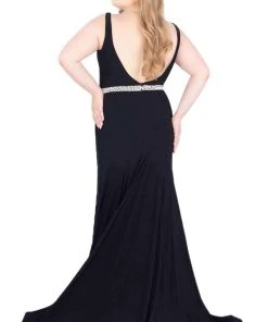 Mac Duggal Fabulouss - 66808F Plunging Jeweled Jersey Trumpet Gown