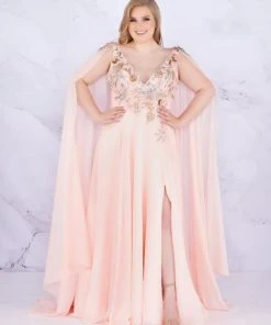 Mac Duggal Fabulouss - 77551F Floral Applique A-line Dress With Cape