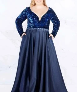 Mac Duggal Fabulouss - 77565F Sequined Plunging Long Sleeves Gown Formal Gowns