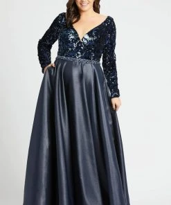 Mac Duggal Fabulouss - 77565F Sequined Plunging Long Sleeves Gown Formal Gowns