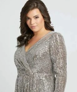 Formal Gowns Mac Duggal Fabulouss - 77676F Sequined Long Sleeves Slit Gown