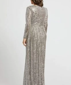 Formal Gowns Mac Duggal Fabulouss - 77676F Sequined Long Sleeves Slit Gown