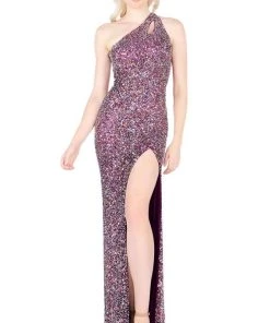 Mac Duggal Flash - 4918L Sequined Asymmetric Sheath Dress With Train