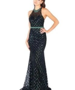 Formal Gowns Mac Duggal Flash - 66835L Bedazzled Halter Trumpet Dress With Train